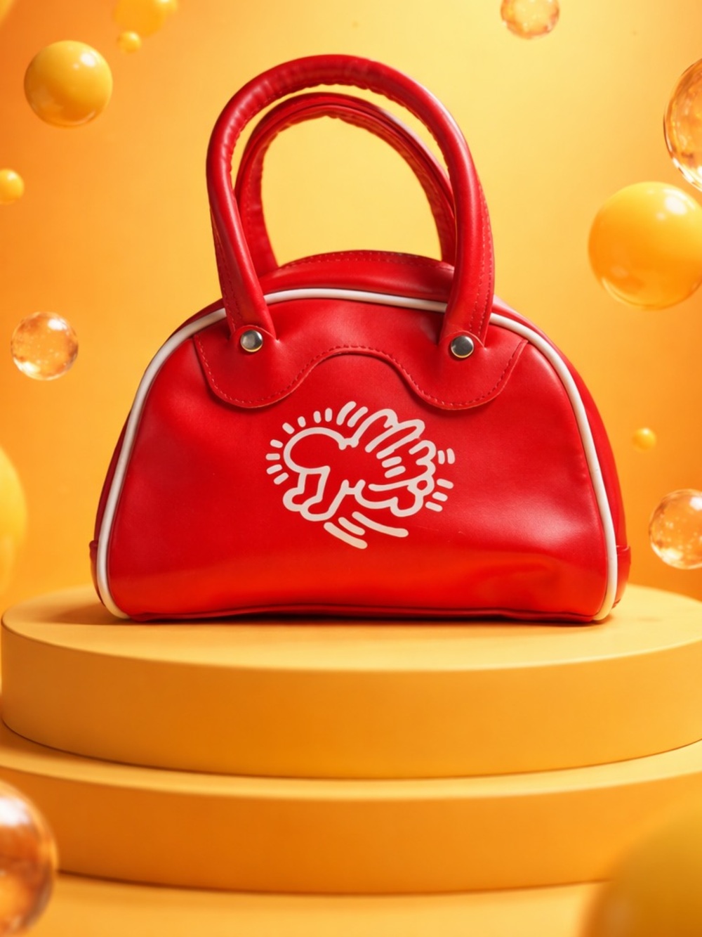 Rare K Haring Red Graphic Dome Satchel Handbag - Unbranded